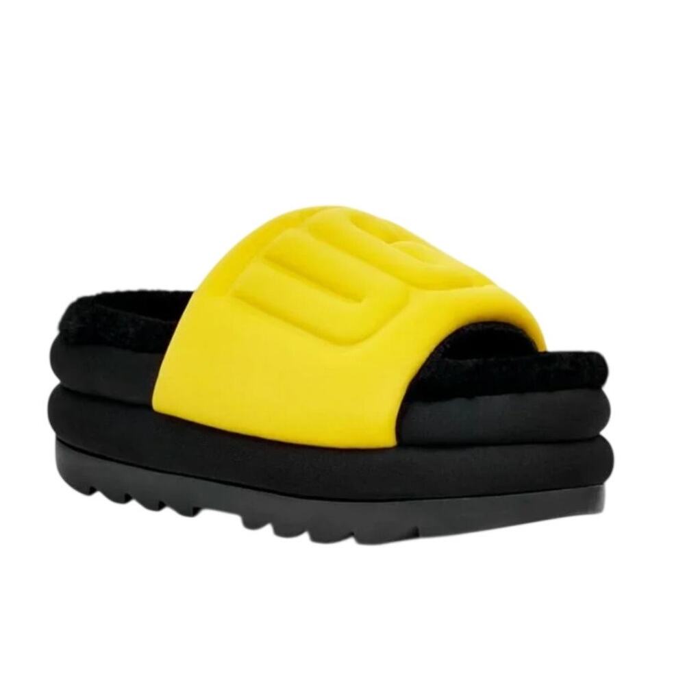 UGG Maxi Graphic Platform Slide Sandals Canary Yellow Black Sheepskin Size 7